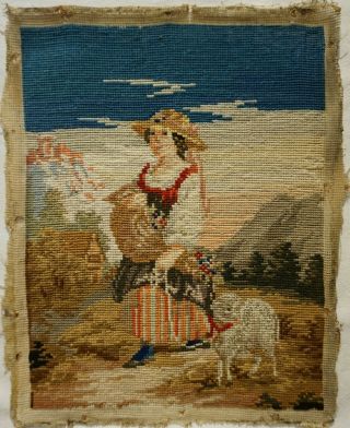 SMALL MID/LATE 19TH CENTURY NEEDLEPOINT OF A GIRL WITH HER PET LAMB - c.  1870 2