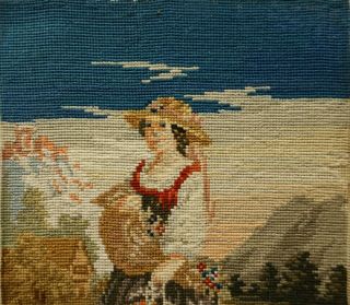 SMALL MID/LATE 19TH CENTURY NEEDLEPOINT OF A GIRL WITH HER PET LAMB - c.  1870 3