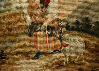 SMALL MID/LATE 19TH CENTURY NEEDLEPOINT OF A GIRL WITH HER PET LAMB - c.  1870 4