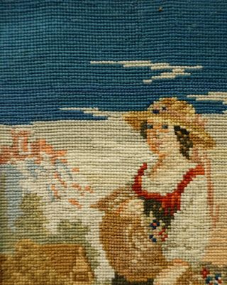 SMALL MID/LATE 19TH CENTURY NEEDLEPOINT OF A GIRL WITH HER PET LAMB - c.  1870 5