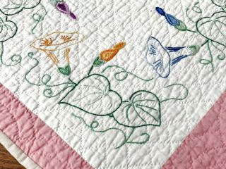 Pink Cottage C 30s Morning Glory Vintage Table Quilt Runner 40 X 20