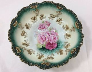 Rare Antique Rs Prussia Porcelain Molded Bowl Pink Roses Gold Trim Emerald 10”