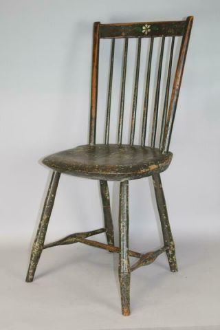 One Of A Set Of 4 19th C Ri Windsor Rod Back Chairs In Grungy Old Green Paint 3