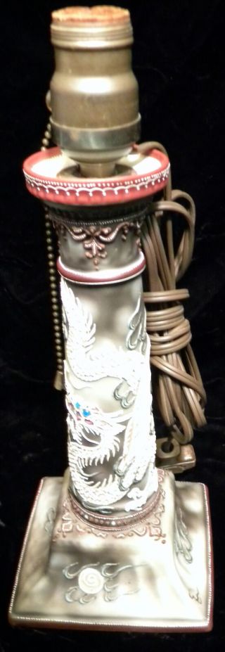 Rare Antique Nippon Moriage Dragon Porcelain Lamp Square Base 12.  5 " Tall - Bulb
