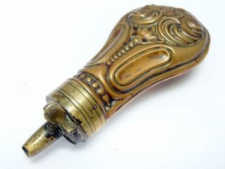 Antique Powder Flask / Horn Small Arms 19thc Repousse Decorated Copper & Brass