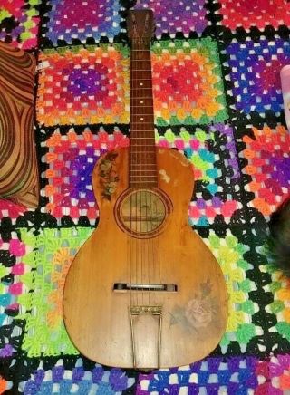 Antique Acoustic Parlor Guitar W / Hand Painted Flowers & Initials Great Patina