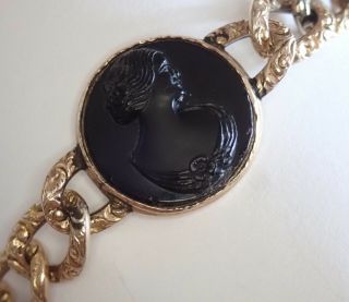 Antique Edwardian Gold Filled Black Celluloid Cameo Curb Link Bracelet