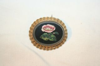 Lovely Antique Micro Mosaic Flower Brooch On Black Glass.
