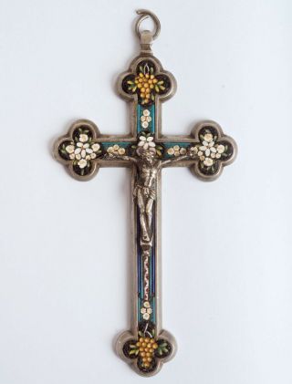 Antique Italian Micro Mosaic Pectoral Cross Crucifix Grand Tour Grapes Flowers