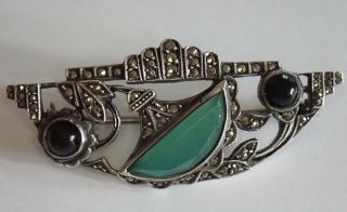 Antique German Art Deco Sterling Silver Marcasite Onyx Chrysoprase Flower Brooch