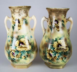 Antique Royal Nishiki Nippon Hand Painted Vases Set 2 Monumental Large Size 15 "