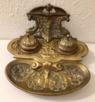 Antique Ornate Cast Bronze Double Inkwell W/ Devil 