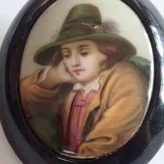 Antique Victorian Whitby Jet Hand Painted Porcelain Portrait Miniature Brooch