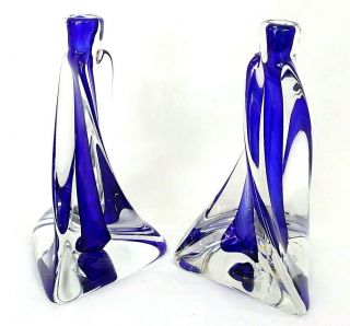 Blue Spiral Glass Candlestick Pair