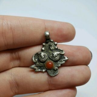 Antique Sterling Silver Old Chinese Japanese Koi Fish Tail Red Coral Pendant