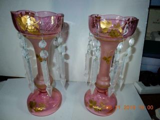 Antique Pair Glass Cranberry Pink Lusters Girandoles Prisms Gold Overlay Bohemia
