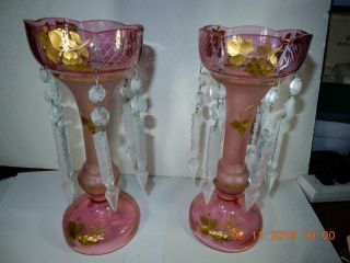 Antique Pair Glass cranberry pink Lusters Girandoles prisms gold overlay Bohemia 2