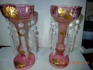 Antique Pair Glass cranberry pink Lusters Girandoles prisms gold overlay Bohemia 3