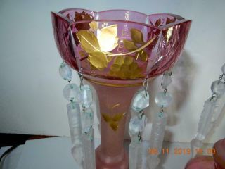 Antique Pair Glass cranberry pink Lusters Girandoles prisms gold overlay Bohemia 4