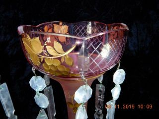 Antique Pair Glass cranberry pink Lusters Girandoles prisms gold overlay Bohemia 6