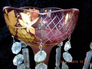 Antique Pair Glass cranberry pink Lusters Girandoles prisms gold overlay Bohemia 7