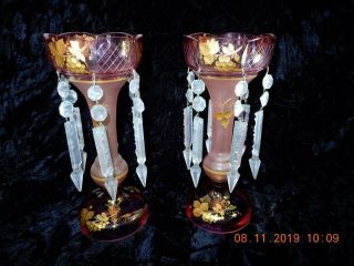 Antique Pair Glass cranberry pink Lusters Girandoles prisms gold overlay Bohemia 8