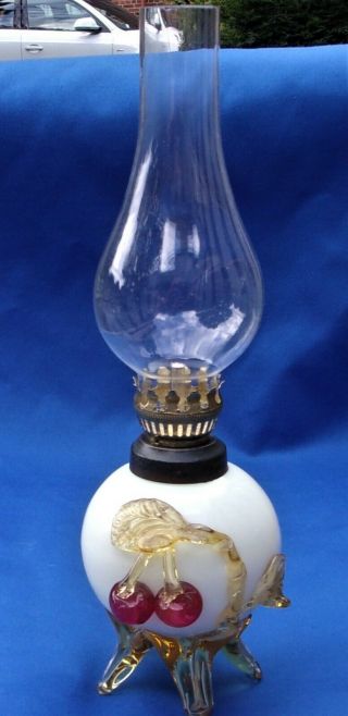 Antique Stourbridge Miniature Uranium Glass Oil Lamp - Applien Fruit 19th Cen.