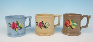 3 Antique Staffordshire Relief Molded Mugs Cup Rose Flowers English Pottery