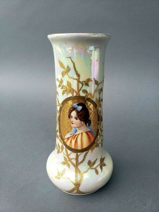 Antique Heubach Porcelain Art Nouveau Vase W Portrait