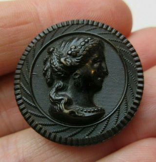 Antique Vtg Carved Horn Picture Button Ladies Head Cameo 1 - 1/8 " (nn)