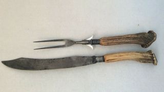 Antique Goodell Company Antrim Nh Cutlery Knife Carving Set Antler Stag Handles