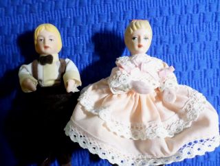4 " Boy Girl Dollhouse Bisque Porcelain Vintage Dolls - Posable - Ex - Nm