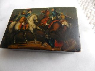 Small Antique Hand Painted Box Of Armored Horseback Fighters,  3.  1/4x2.  1/16x1 In.