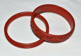 2 Vintage Hand Carved Cinnabar Red Bangle Bracelets