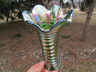 Imperial Ripple Antique Carnival Art Glass 8 " Vase Green Bright &