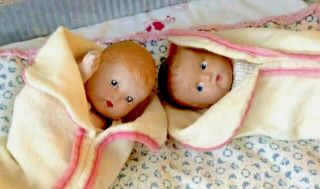 2 Little Old Composition Dolls Old Outfits Old Buntings In Old Basket & Blanket