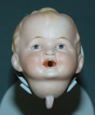 Antique Small Bisque Baby Character Doll Head Painted Eyes Blonde Hair