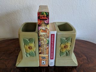 Ohio American Pottery Antiqued Apple Green Planter Book Ends Bookends W/dogwoods