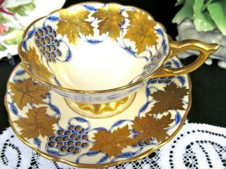 Royal Stafford Tea Cup And Saucer Gold Gilt Raised Beaded Blue Teacup La Vigne