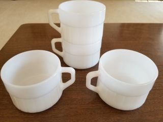 FEDERAL Vintage Milk Glass white cups d handle set of 4 ribbed design 4
