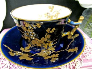 Limoges France Tea Cup And Saucer Cobalt Blue & Gold Gilt Pattern Teacup
