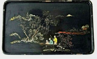 Oriental Lacquer Wood Tray Vintage,  Hand Painted Japan Scenic,  Figures Fishing