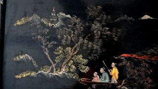 Oriental Lacquer Wood Tray VINTAGE,  Hand Painted Japan Scenic,  Figures Fishing 2