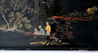 Oriental Lacquer Wood Tray VINTAGE,  Hand Painted Japan Scenic,  Figures Fishing 3