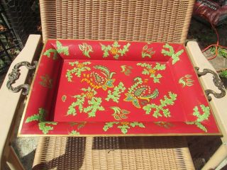 Vintage Red Metal Serving Tray Botanical Pattern With Antiqued Brass Handles