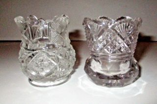 Pair Antique Eapg Pressed Glass Toothpick Holder Diamond Fan Buttons