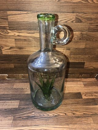Vintage Hand Blown Glass Bottle Decanter With Agave Plant Tequila Jug Mexican