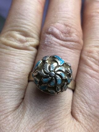 Antique Silver Mark Enamel Ball Sterling Silver Ring,  Uk Size M