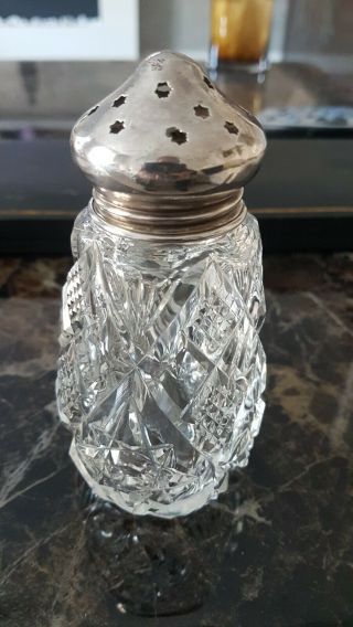 Vintage Cut Glass Sugar Shaker Silver Hallmark Birmingham