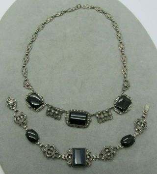 Antique Art Deco Black Onyx Marcasite Sterling Silver Necklace & Bracelet Set